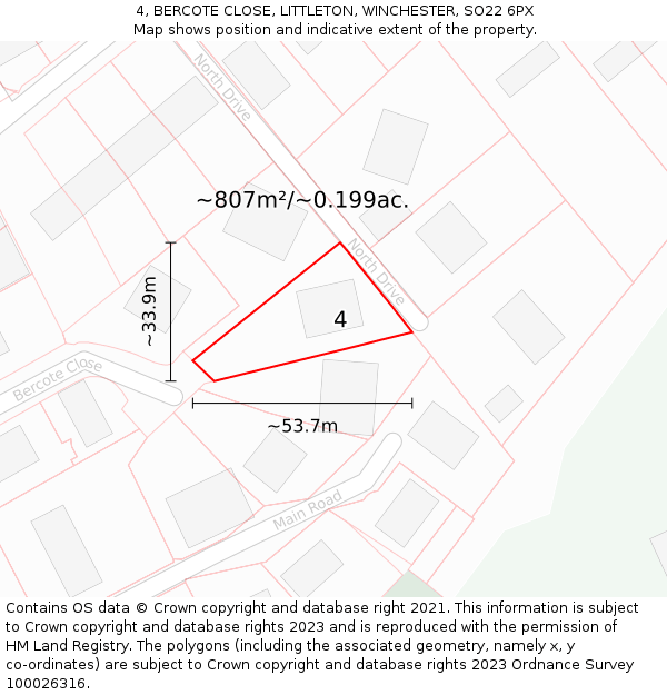 4, BERCOTE CLOSE, LITTLETON, WINCHESTER, SO22 6PX: Plot and title map