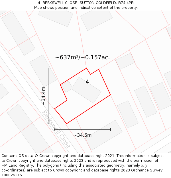 4, BERKSWELL CLOSE, SUTTON COLDFIELD, B74 4PB: Plot and title map