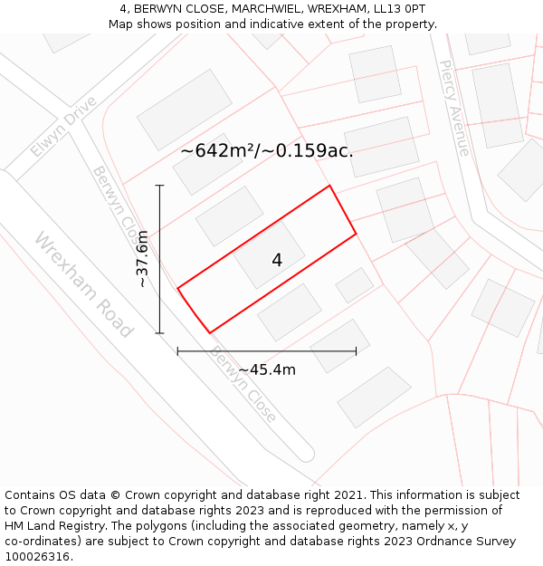 4, BERWYN CLOSE, MARCHWIEL, WREXHAM, LL13 0PT: Plot and title map