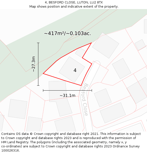 4, BESFORD CLOSE, LUTON, LU2 8TX: Plot and title map