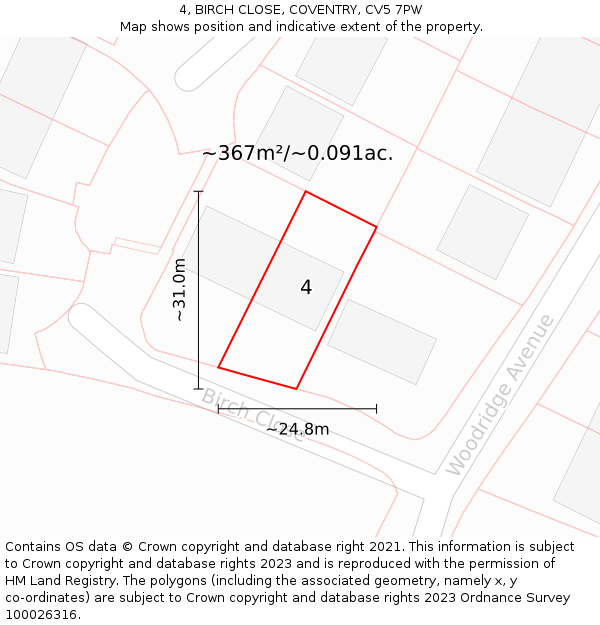 4, BIRCH CLOSE, COVENTRY, CV5 7PW: Plot and title map