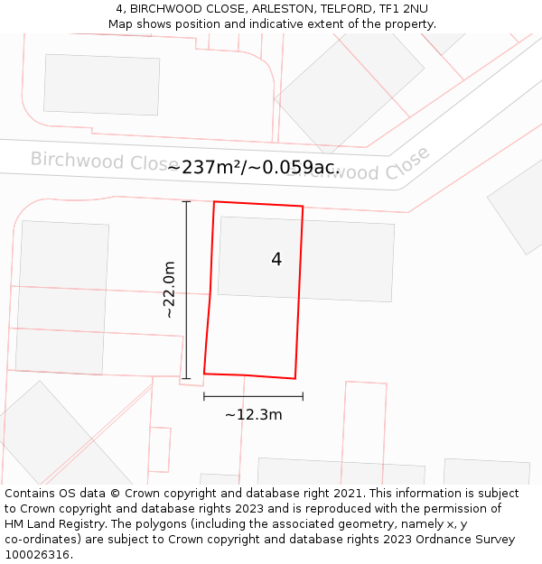 4, BIRCHWOOD CLOSE, ARLESTON, TELFORD, TF1 2NU: Plot and title map