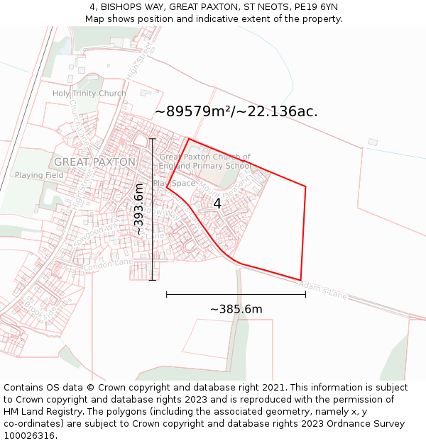 4, BISHOPS WAY, GREAT PAXTON, ST NEOTS, PE19 6YN: Plot and title map