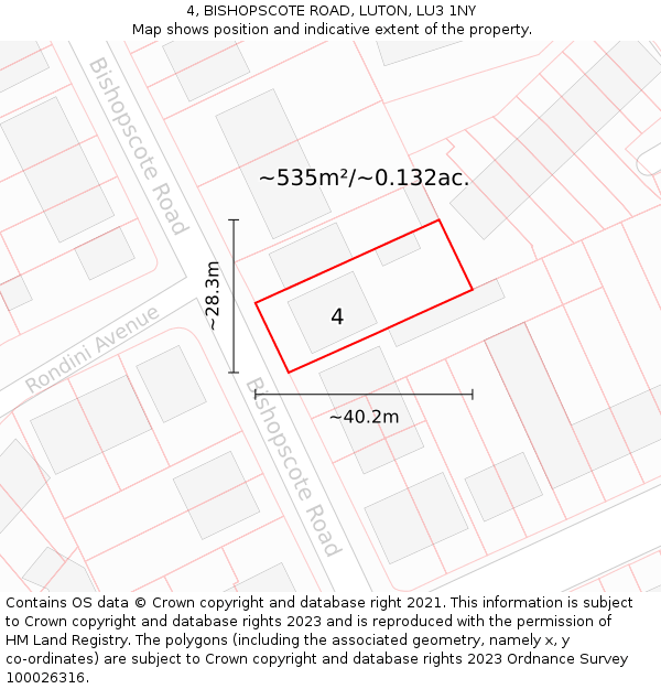 4, BISHOPSCOTE ROAD, LUTON, LU3 1NY: Plot and title map