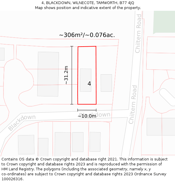 4, BLACKDOWN, WILNECOTE, TAMWORTH, B77 4JQ: Plot and title map