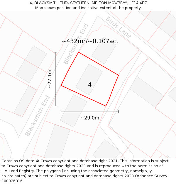 4, BLACKSMITH END, STATHERN, MELTON MOWBRAY, LE14 4EZ: Plot and title map