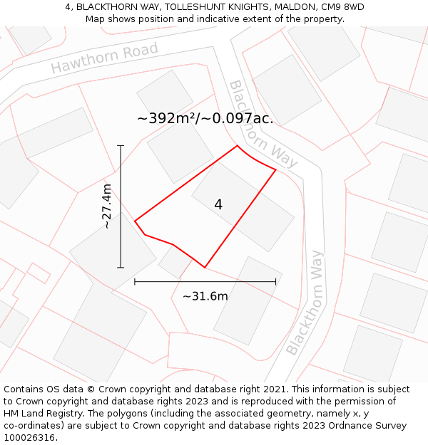 4, BLACKTHORN WAY, TOLLESHUNT KNIGHTS, MALDON, CM9 8WD: Plot and title map