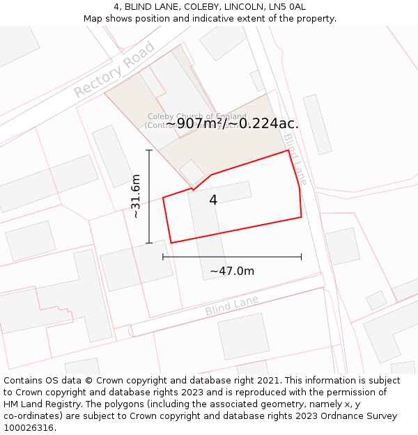 4, BLIND LANE, COLEBY, LINCOLN, LN5 0AL: Plot and title map