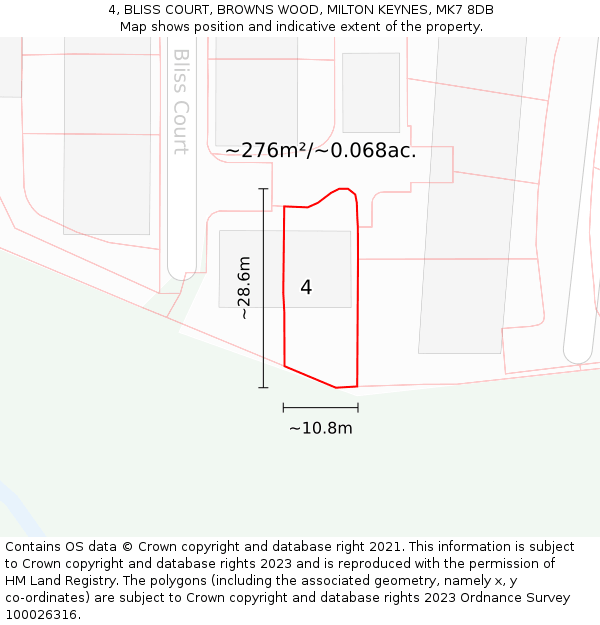 4, BLISS COURT, BROWNS WOOD, MILTON KEYNES, MK7 8DB: Plot and title map