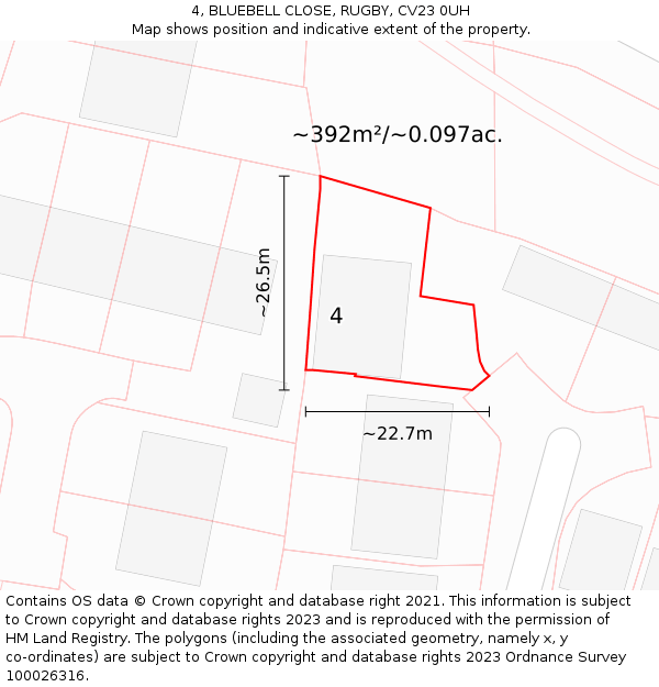 4, BLUEBELL CLOSE, RUGBY, CV23 0UH: Plot and title map