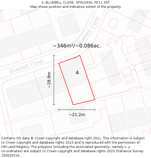 4, BLUEBELL CLOSE, SPALDING, PE11 3GT: Plot and title map