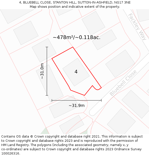 4, BLUEBELL CLOSE, STANTON HILL, SUTTON-IN-ASHFIELD, NG17 3NE: Plot and title map