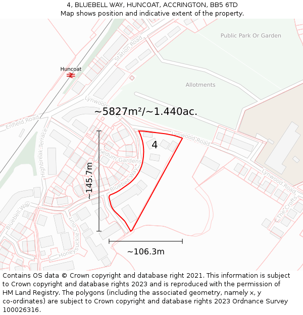 4, BLUEBELL WAY, HUNCOAT, ACCRINGTON, BB5 6TD: Plot and title map