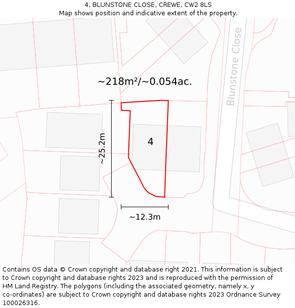 4, BLUNSTONE CLOSE, CREWE, CW2 8LS: Plot and title map