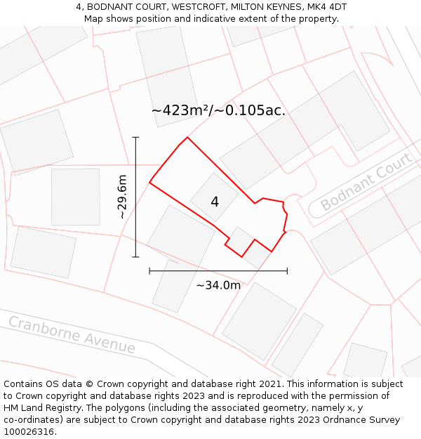 4, BODNANT COURT, WESTCROFT, MILTON KEYNES, MK4 4DT: Plot and title map