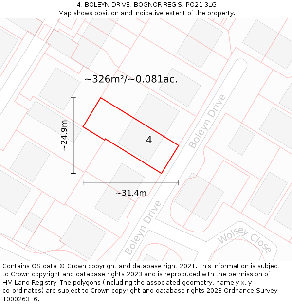 4, BOLEYN DRIVE, BOGNOR REGIS, PO21 3LG: Plot and title map