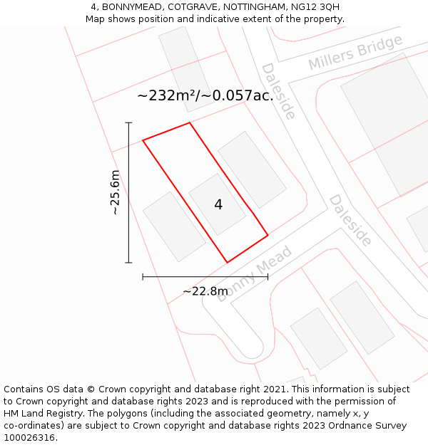 4, BONNYMEAD, COTGRAVE, NOTTINGHAM, NG12 3QH: Plot and title map