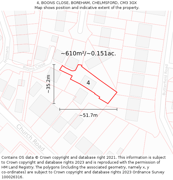 4, BOONS CLOSE, BOREHAM, CHELMSFORD, CM3 3GX: Plot and title map