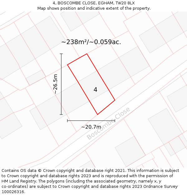 4, BOSCOMBE CLOSE, EGHAM, TW20 8LX: Plot and title map