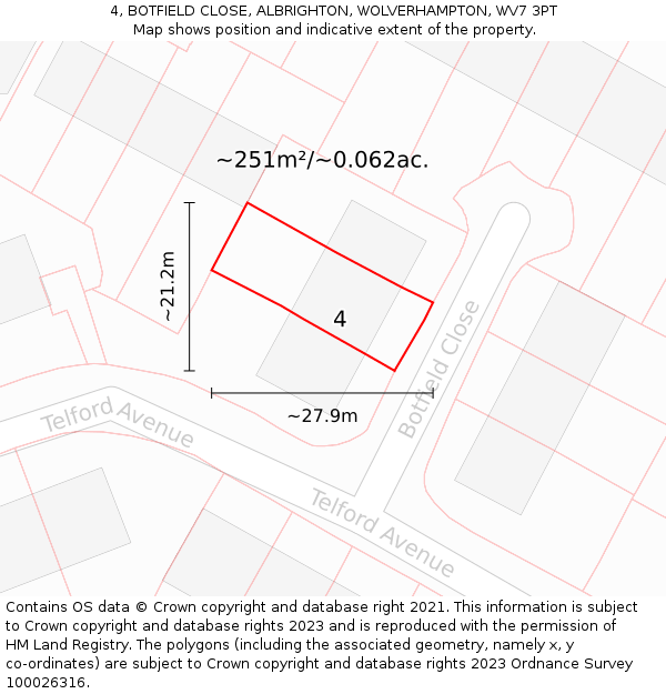 4, BOTFIELD CLOSE, ALBRIGHTON, WOLVERHAMPTON, WV7 3PT: Plot and title map