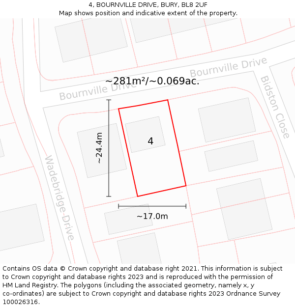 4, BOURNVILLE DRIVE, BURY, BL8 2UF: Plot and title map