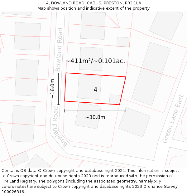 4, BOWLAND ROAD, CABUS, PRESTON, PR3 1LA: Plot and title map