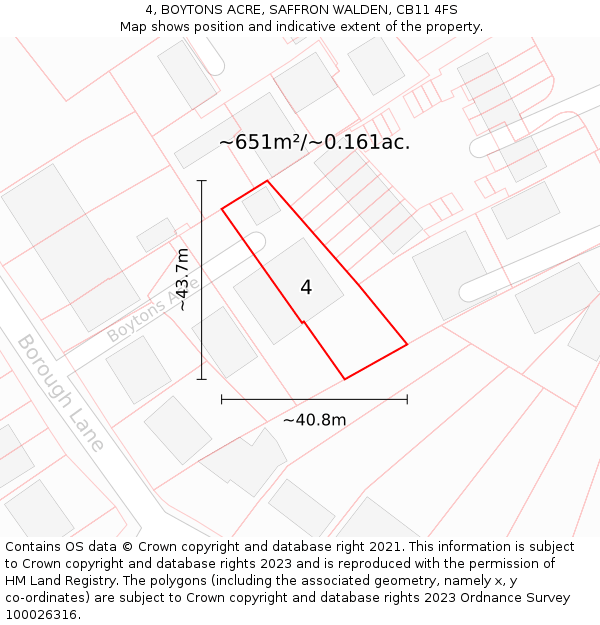 4, BOYTONS ACRE, SAFFRON WALDEN, CB11 4FS: Plot and title map