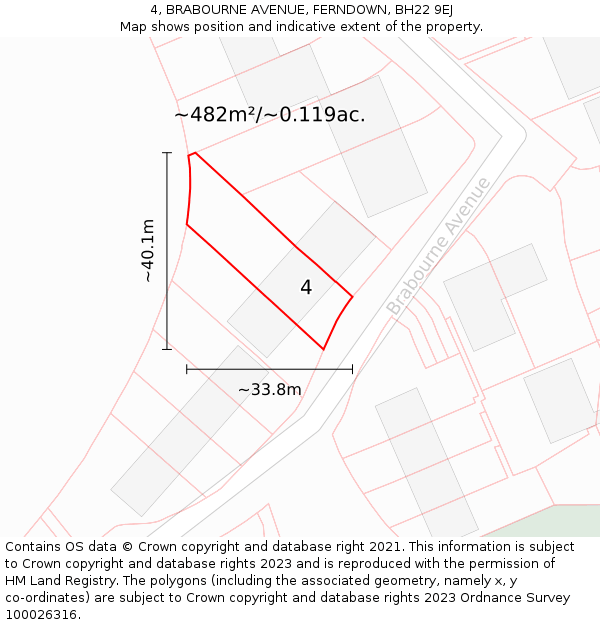 4, BRABOURNE AVENUE, FERNDOWN, BH22 9EJ: Plot and title map