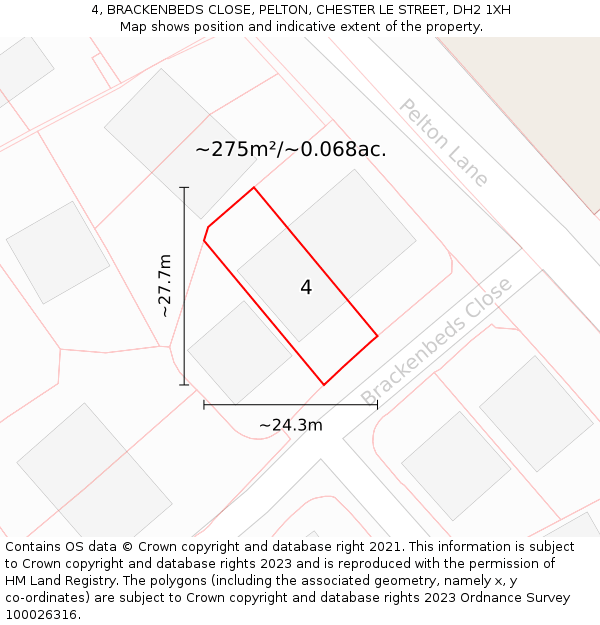 4, BRACKENBEDS CLOSE, PELTON, CHESTER LE STREET, DH2 1XH: Plot and title map