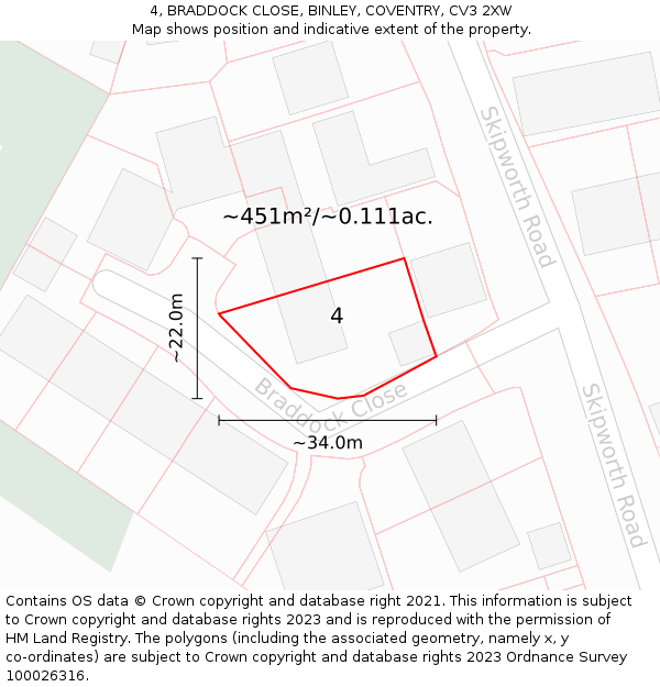 4, BRADDOCK CLOSE, BINLEY, COVENTRY, CV3 2XW: Plot and title map