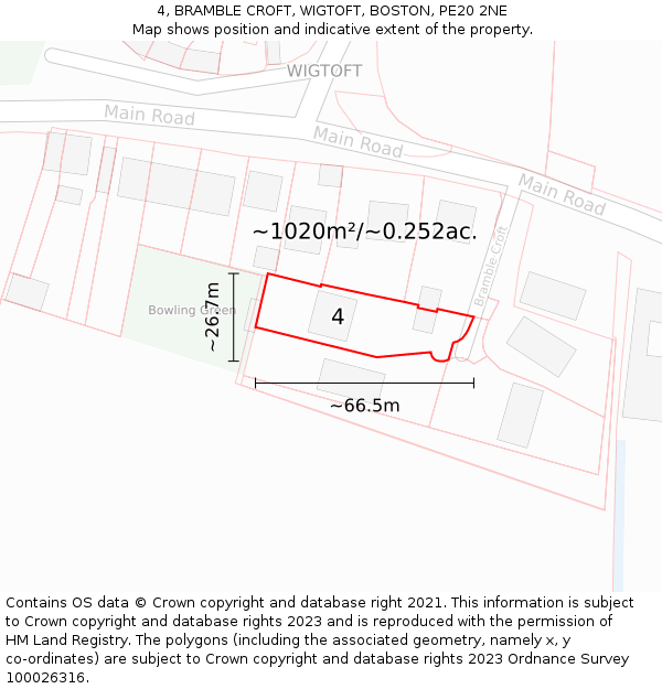 4, BRAMBLE CROFT, WIGTOFT, BOSTON, PE20 2NE: Plot and title map