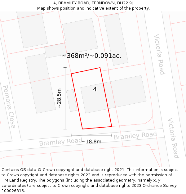 4, BRAMLEY ROAD, FERNDOWN, BH22 9JJ: Plot and title map