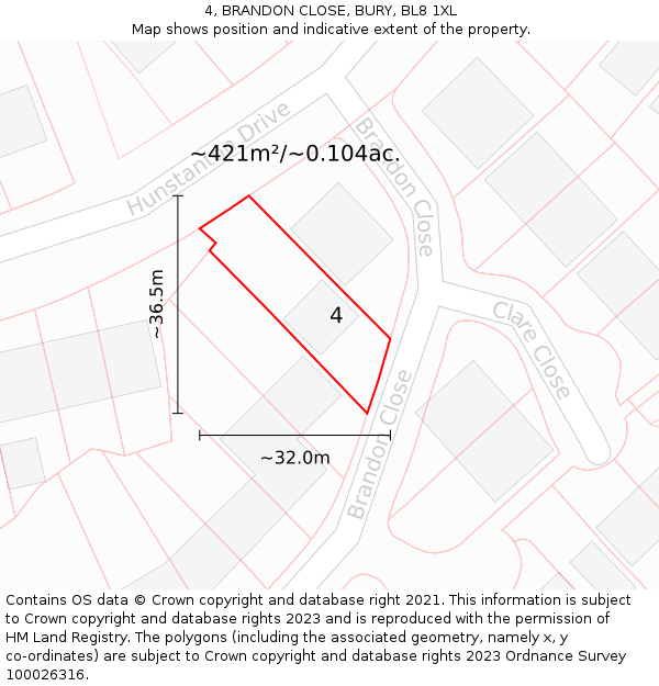 4, BRANDON CLOSE, BURY, BL8 1XL: Plot and title map