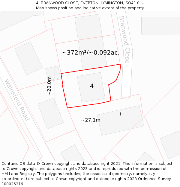 4, BRANWOOD CLOSE, EVERTON, LYMINGTON, SO41 0LU: Plot and title map