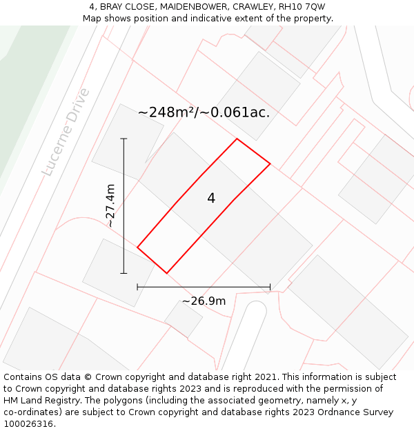 4, BRAY CLOSE, MAIDENBOWER, CRAWLEY, RH10 7QW: Plot and title map