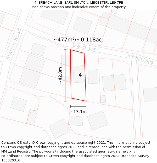 4, BREACH LANE, EARL SHILTON, LEICESTER, LE9 7FB: Plot and title map