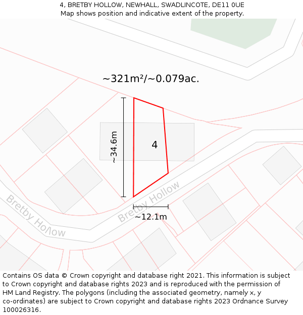 4, BRETBY HOLLOW, NEWHALL, SWADLINCOTE, DE11 0UE: Plot and title map