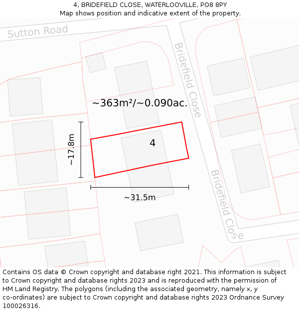 4, BRIDEFIELD CLOSE, WATERLOOVILLE, PO8 8PY: Plot and title map