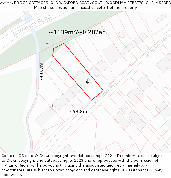 4, BRIDGE COTTAGES, OLD WICKFORD ROAD, SOUTH WOODHAM FERRERS, CHELMSFORD, CM3 5QX: Plot and title map