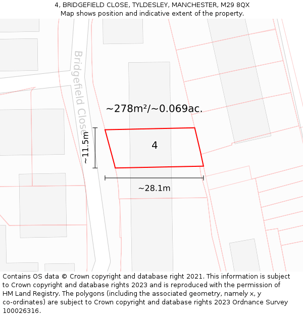 4, BRIDGEFIELD CLOSE, TYLDESLEY, MANCHESTER, M29 8QX: Plot and title map