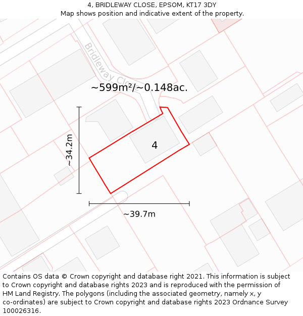 4, BRIDLEWAY CLOSE, EPSOM, KT17 3DY: Plot and title map