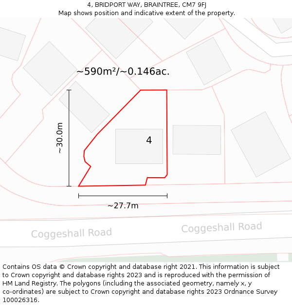 4, BRIDPORT WAY, BRAINTREE, CM7 9FJ: Plot and title map