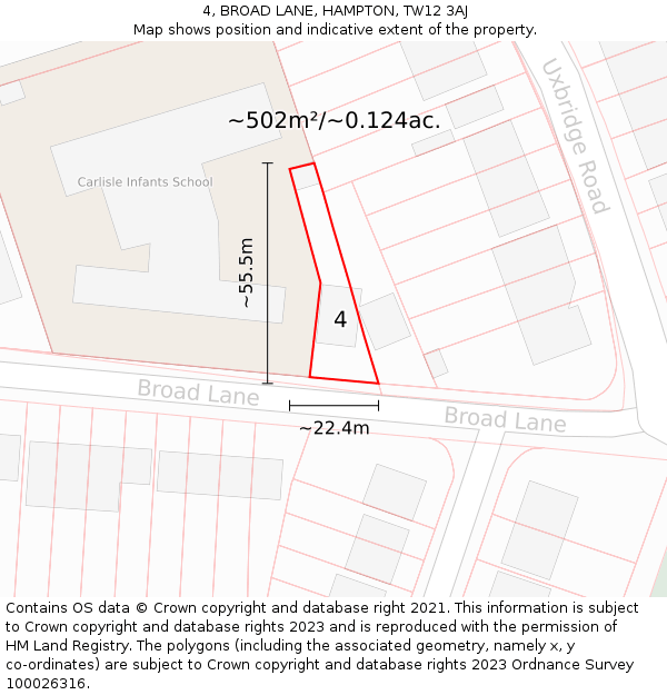 4, BROAD LANE, HAMPTON, TW12 3AJ: Plot and title map