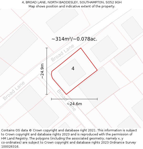 4, BROAD LANE, NORTH BADDESLEY, SOUTHAMPTON, SO52 9GH: Plot and title map