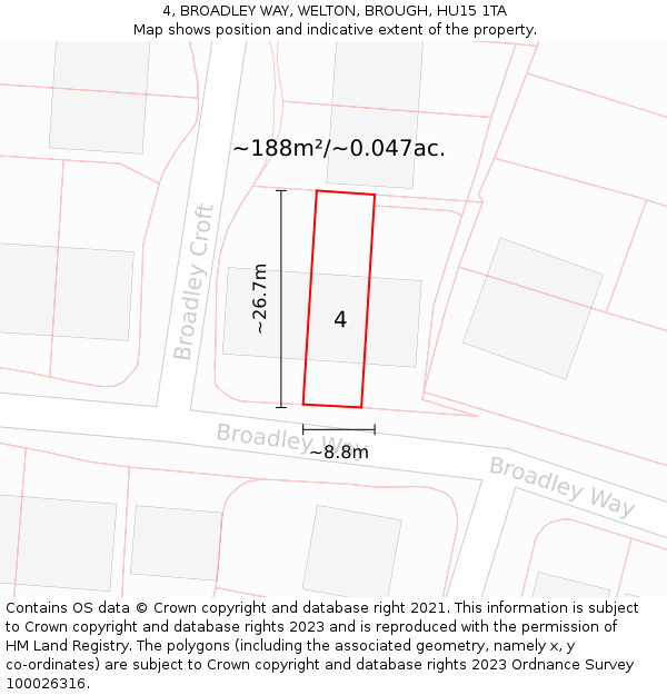 4, BROADLEY WAY, WELTON, BROUGH, HU15 1TA: Plot and title map