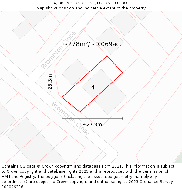 4, BROMPTON CLOSE, LUTON, LU3 3QT: Plot and title map