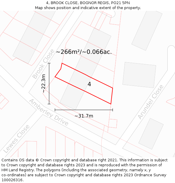 4, BROOK CLOSE, BOGNOR REGIS, PO21 5PN: Plot and title map