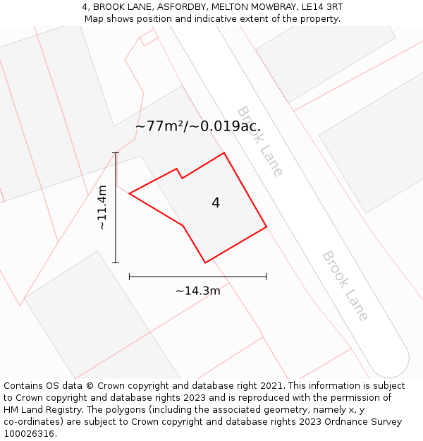 4, BROOK LANE, ASFORDBY, MELTON MOWBRAY, LE14 3RT: Plot and title map