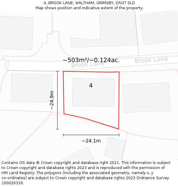 4, BROOK LANE, WALTHAM, GRIMSBY, DN37 0LD: Plot and title map