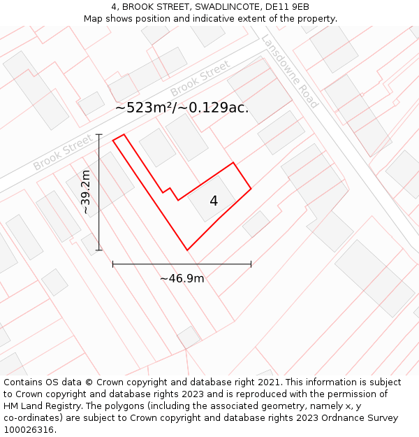 4, BROOK STREET, SWADLINCOTE, DE11 9EB: Plot and title map